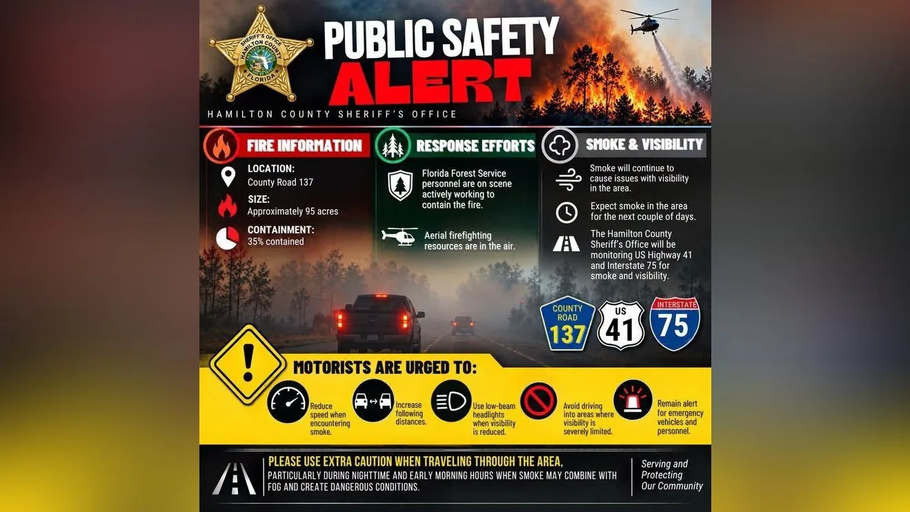 Hamilton County Sheriff Warns of 95 Acre Wildfire Near County Road 137 as Smoke Lingers and Drivers Face Visibility Hazards